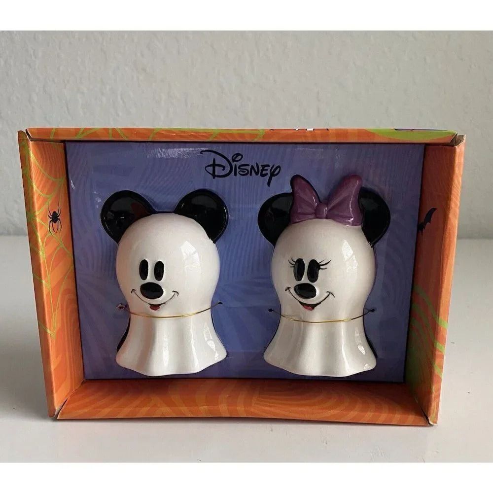Disney Mickey & Minnie Mouse Ghost Salt‎ & Pepper Shakers Halloween Ceramic NEW